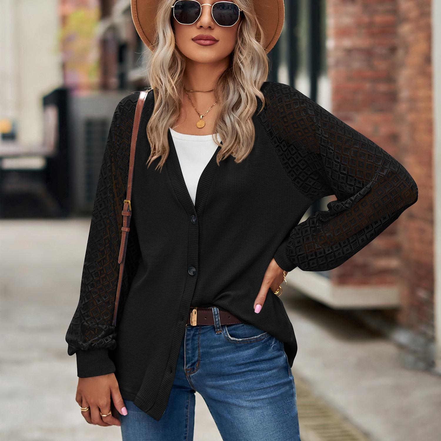 2024 Европейский и американский осень и зима длинный рукав однотонный свободный пуговиц — фото 3