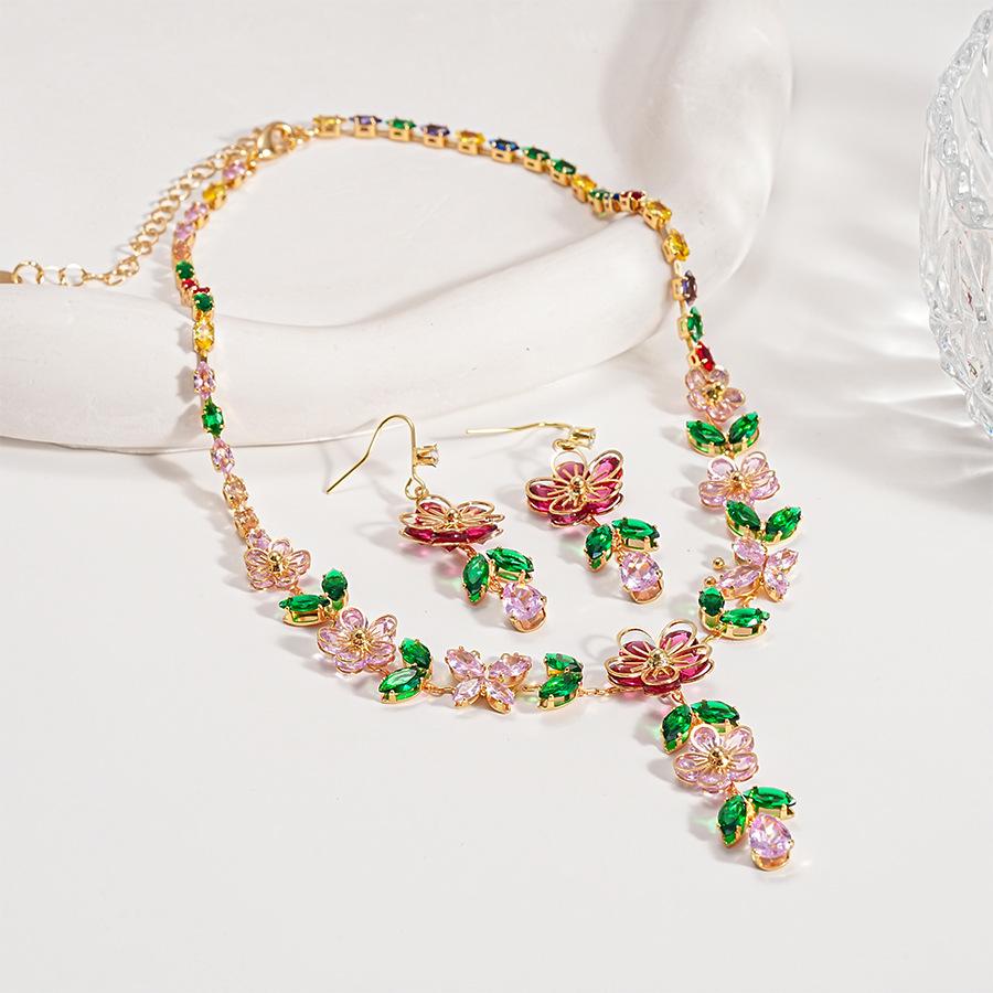 Luxury Pink Crystal Jewelry Set for Women Elegent Butterfly Flower Zircon Chain Pendent Necklace Earrings Wedding Jewelry Set