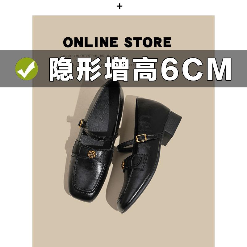 

Sheepskin version~ Genuine leather retro French single shoes women s thick heel with one-word buckle Mary Jane shoes commuter camellia leather shoes 39
