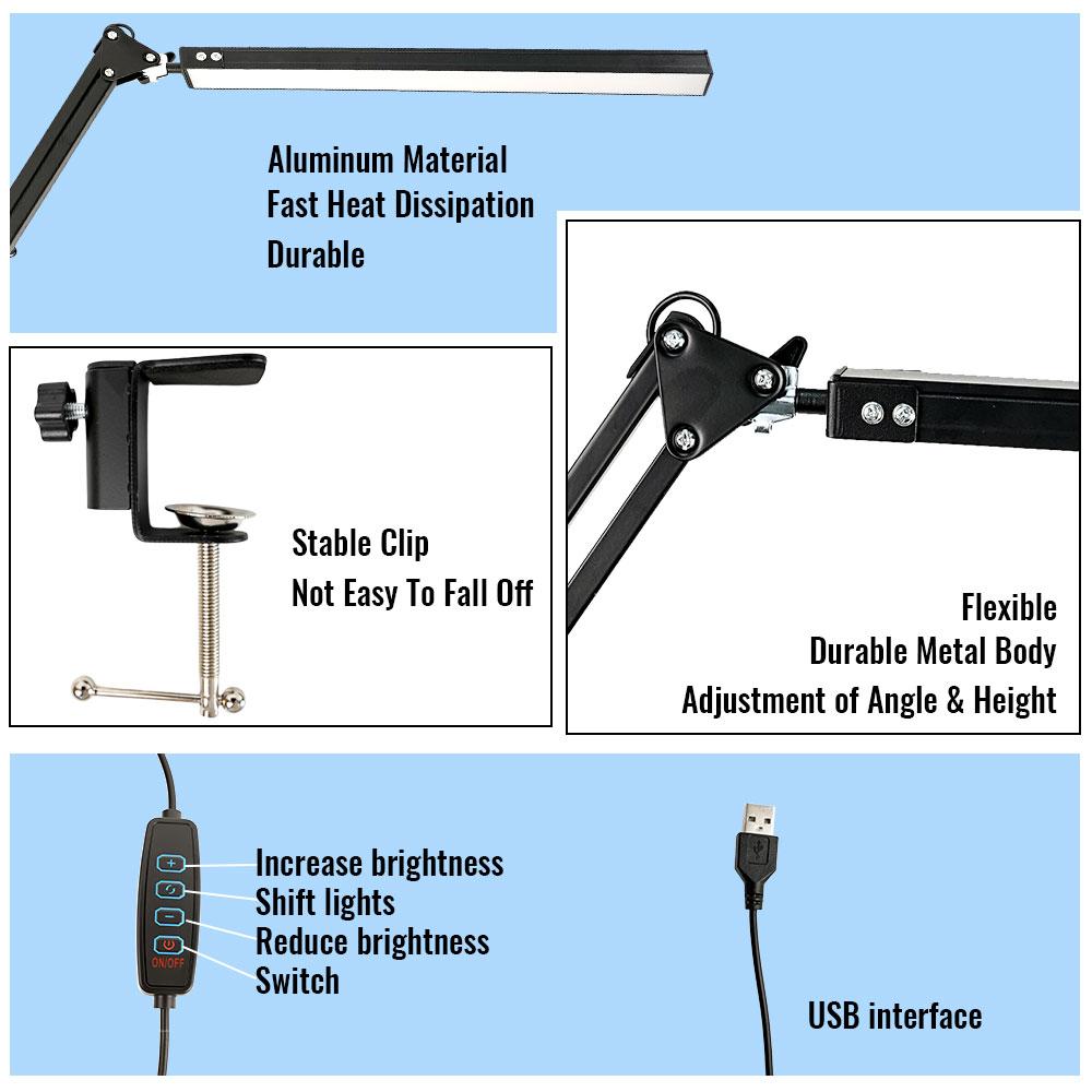 LED skládací kovová stolní lampa Klip na světelnou svorku Stmívací stolní lampa s dlouhým ramenem 3 barvy nastavitelné pro počítače v obývacím pokoji
