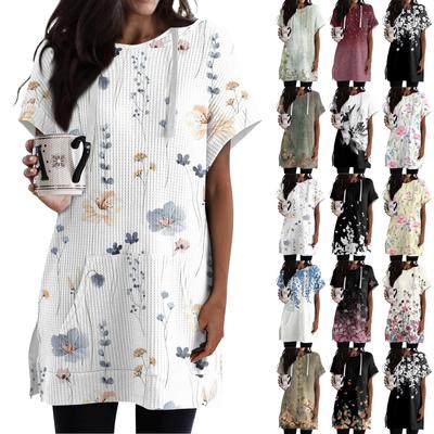 Γυναικεία φαρδιά πουκάμισα με εμπριμέ κοντομάνικο κορδόνι με κουκούλα πλεκτό στο πλάι με κουκούλα πουκάμισο με κουκούλα και τσέπη