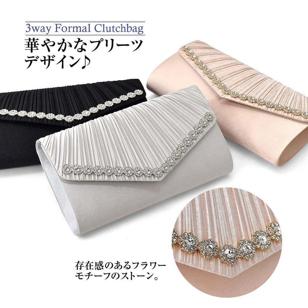 Plex Party Bag, Flower Motif, Stone, 3-Way Pleated Design, Clutch, Women's, Black