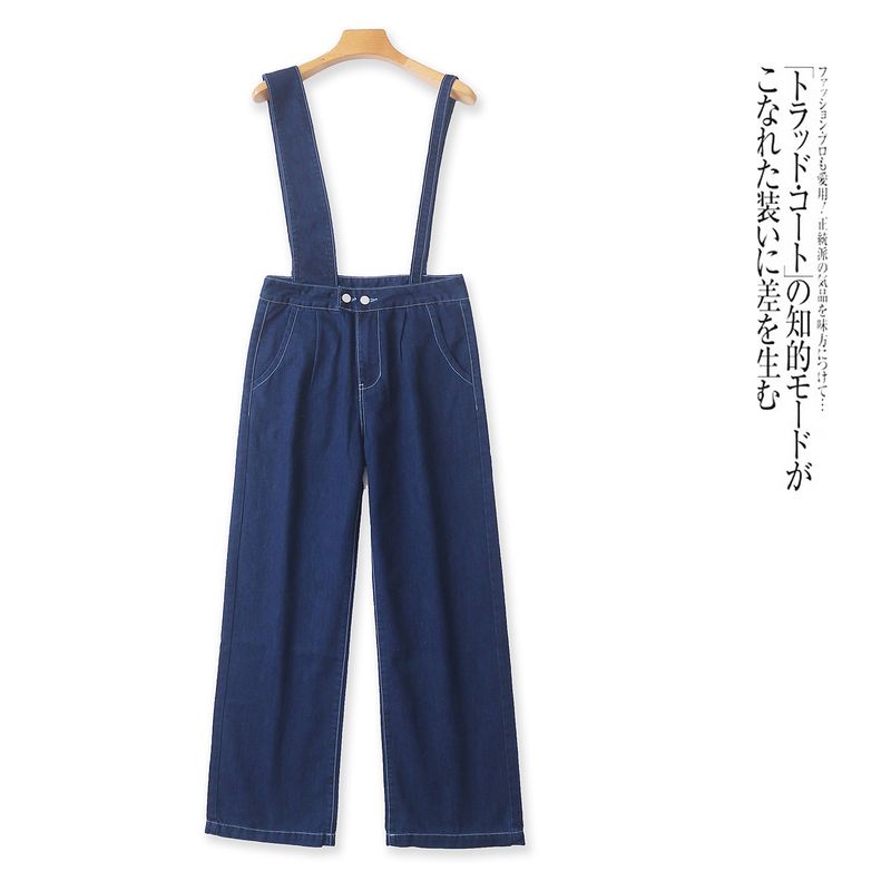 Denim Asymmetric Overalls Autumn New Foreign Trade Women Strap Adjustable High Waist Zip-up Button Straight Trousers 32085