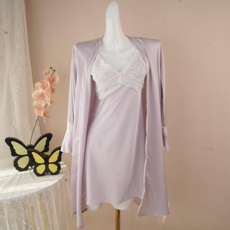 Summer new solid color lace halter pajamas women's ice silk nightgown suspender nightdress with chest pad loungewear