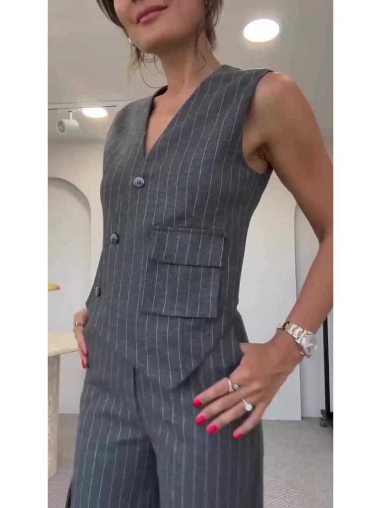 2024 Chic Striped Double-breasted Vest & Long Pants Suit for Women
