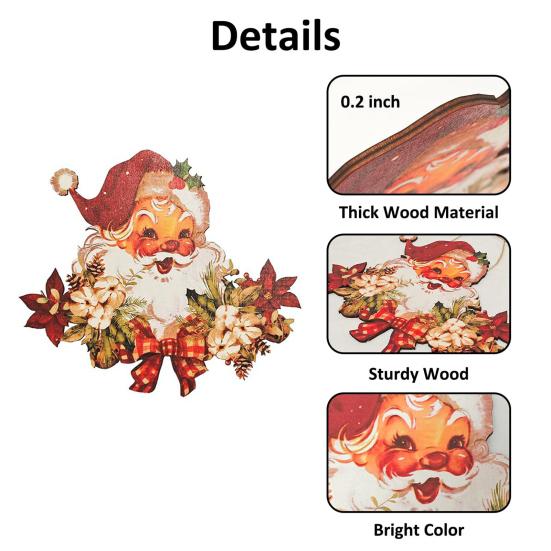 Vintage Style Wooden Pendant Santa Claus Hanging for Christmas, Rustic Floral Wall Sign, Christmas Door Sign Tree Ornament with Hemp Rope Home Office