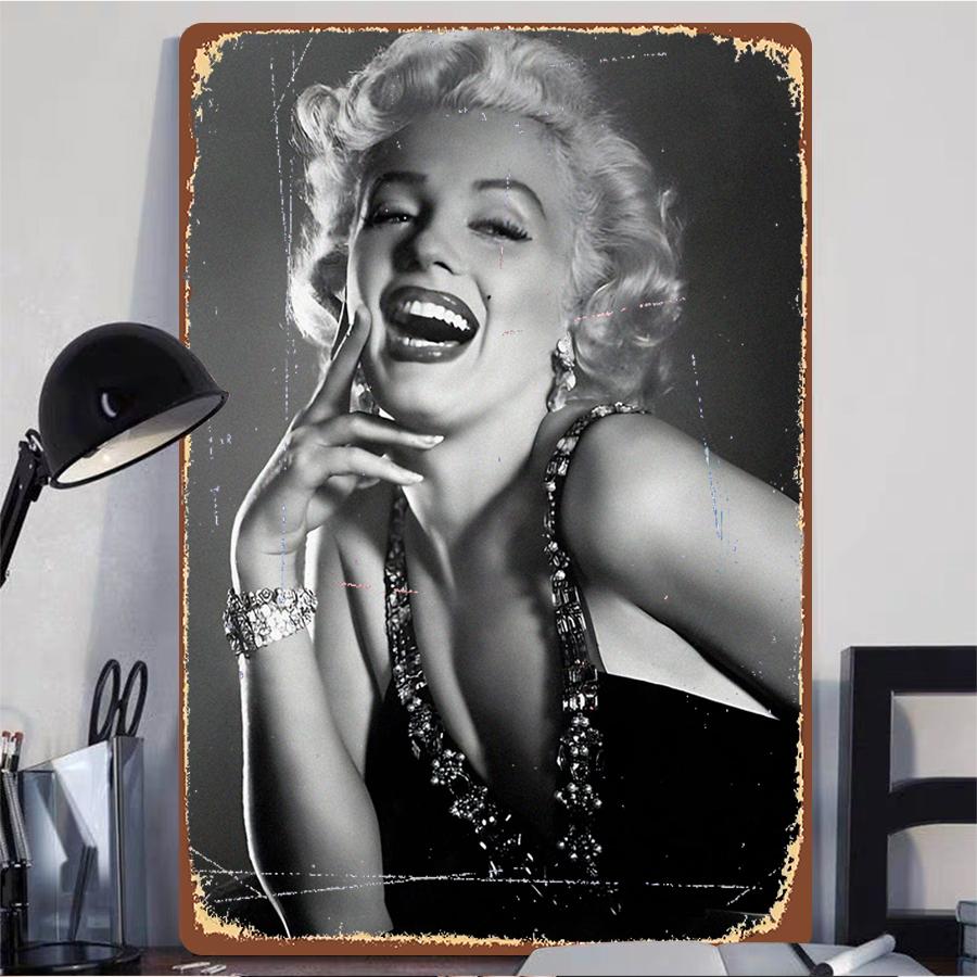 Classic Marilyn Monroe Black and White Smile Portrait Retro Metal Tin Sign Wall Art for Living Room Bedroom Bar Home Decor