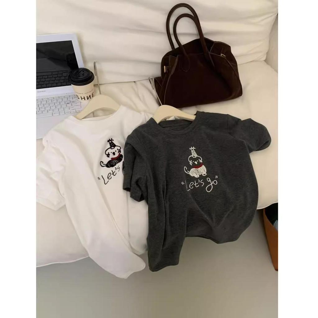 2025 Summer Women's Embroidered Dog T-shirt - Short Sleeve, Simple Line Design, Round Neck