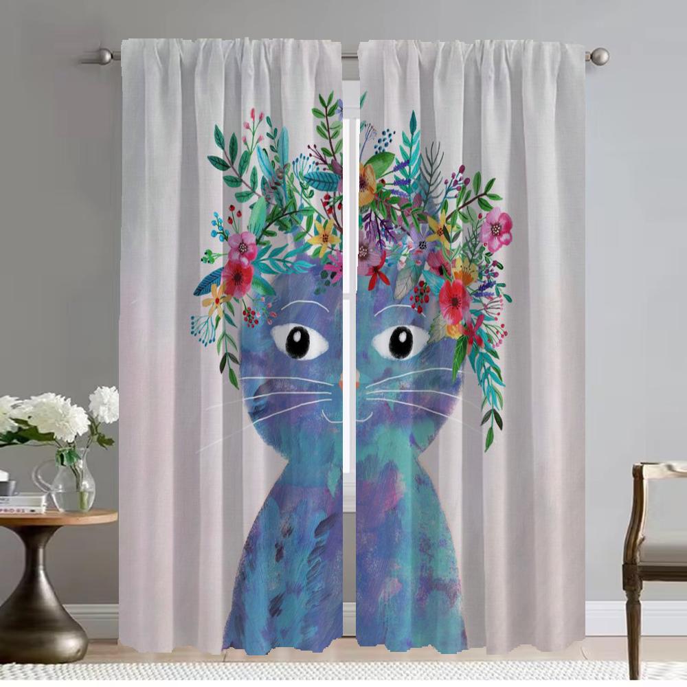 Elegant Room Curtains 2 Pieces Floral Friends Animal Living Room Curtain Kitchen Curtains for Camera Halloween Decoration Shades