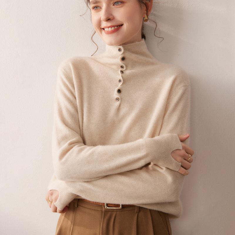 2025 Women's Cashmere Wool High Neck Multi-Button Sweater - Autumn Winter Solid Design