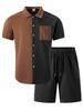 Men's American Summer Plaid Color Block Pocket Shirt & Shorts Casual Set