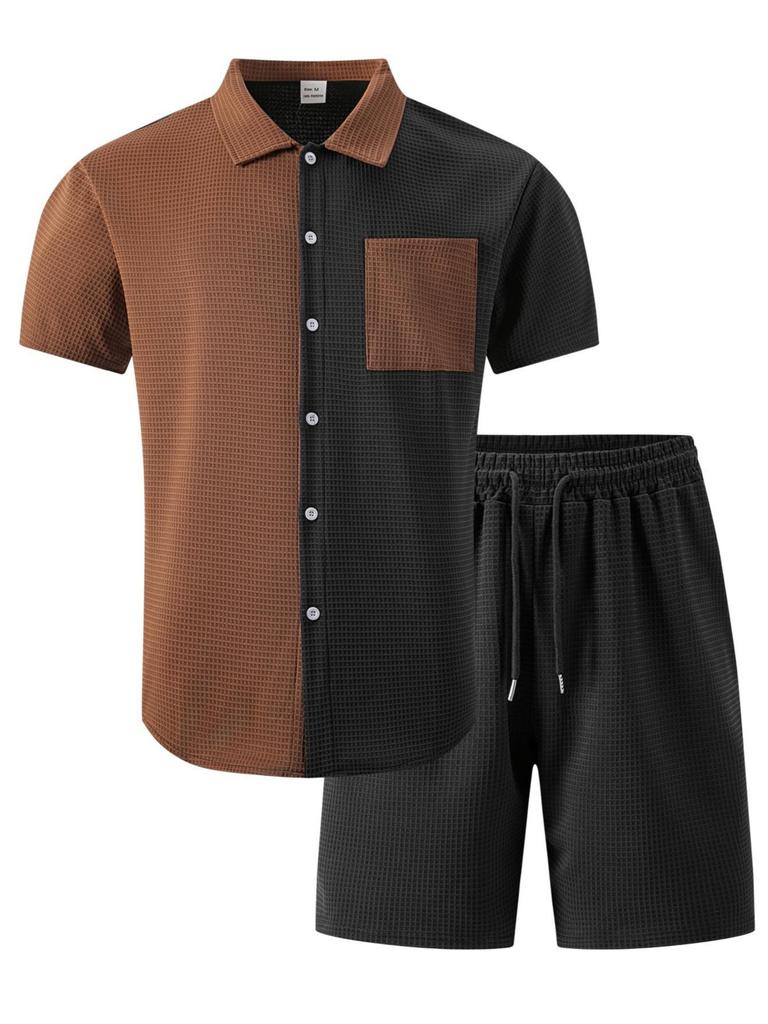 Men's American Summer Plaid Color Block Pocket Shirt & Shorts Casual Set