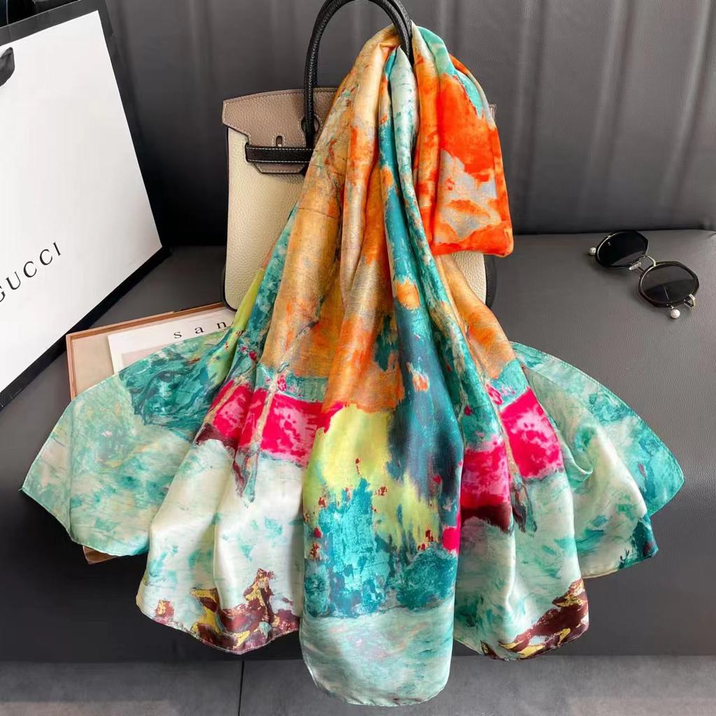 Silk scarf female spring and autumn fashion printing simulation silk temperament sarong thin section shawl scarf