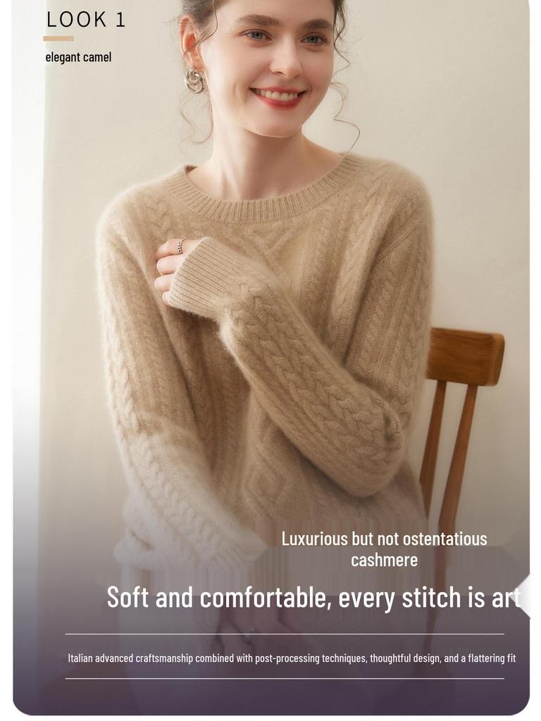Women's Cashmere Cable Knit Sweater: Round Neck, Thickened, Versatile Autumn/Winter Casual Fashion