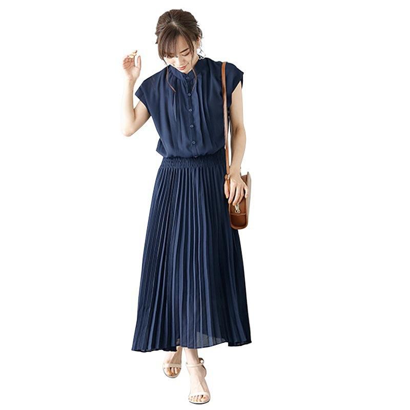 Women Sleeveless Stand Collar Dress Chiffon Pleated Midi Dress High Waist Slim Fit Solid Color Japanese Commuter Dress