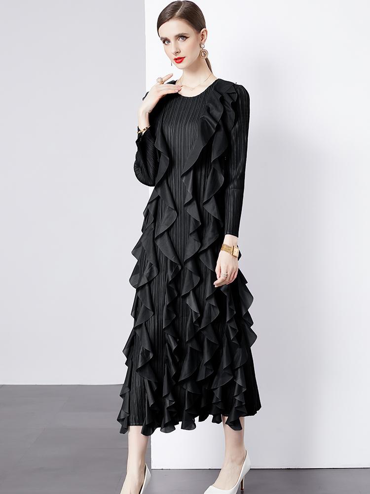 Xitao Volány Patchworkové Šaty Dlouhý Rukáv Plisované Temperament Elegantní Volné Dámské DMJ3992