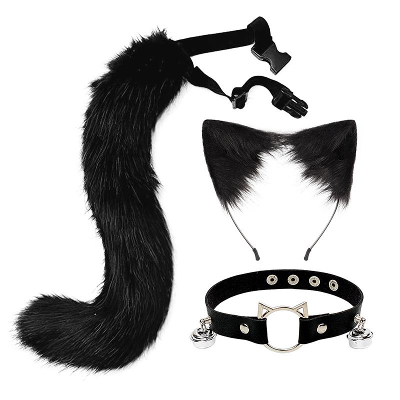 3 Stück Süße Fuchsohren Wolfsohren Haarreif+Plüschschwanz +Glockenhalsband Für Auftritt Halloween Kostüm Zubehör Verkleidung 50cm black