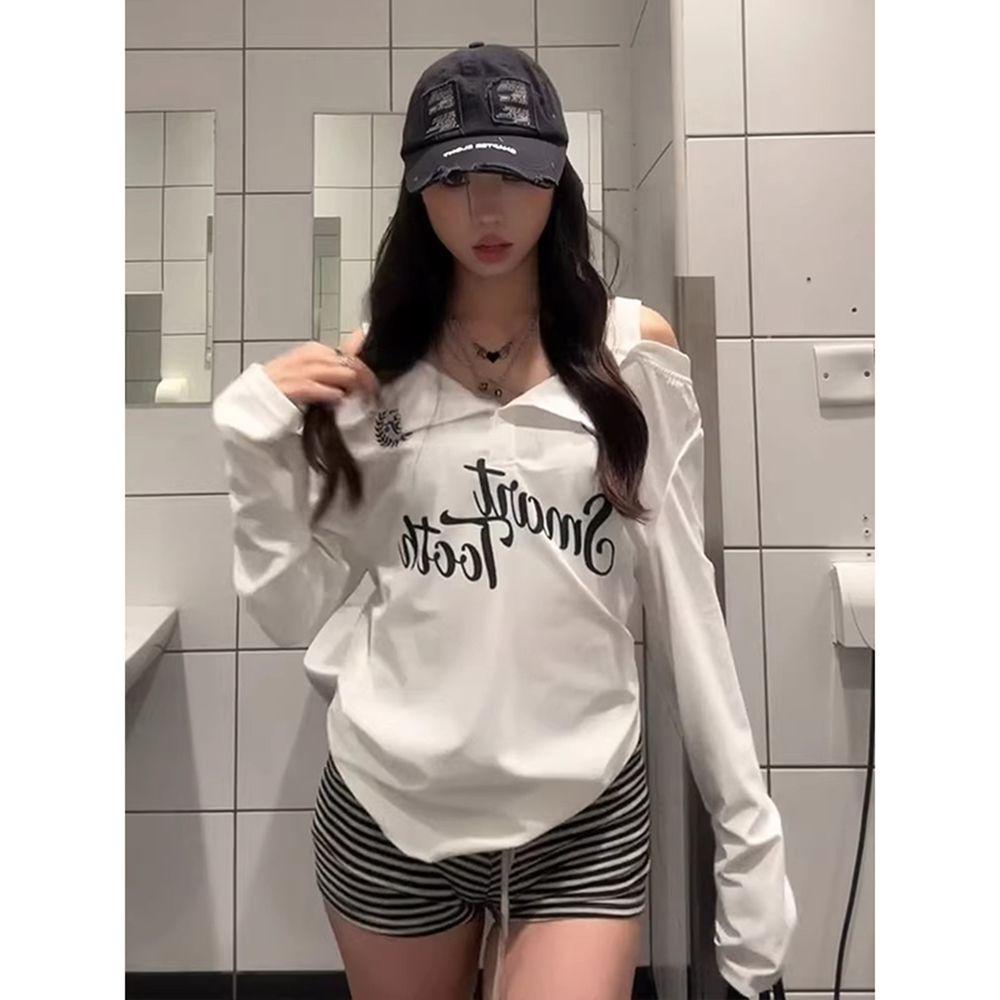 Осенний уличный стиль Пикантный топ-камисоль с открытыми плечами и длинными рукавами L белый