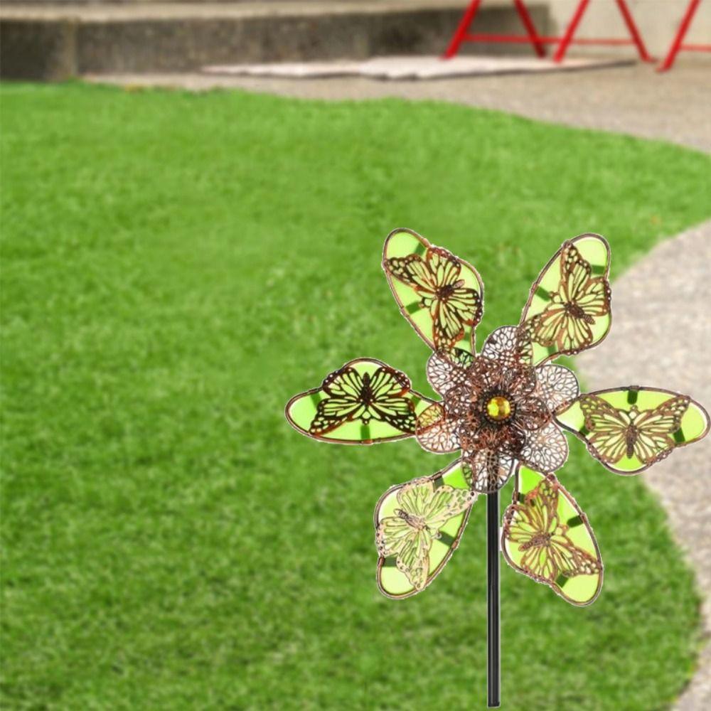 Luminous Effect Windmill Spinner Sculpture Metal Flower Pinwheel Wind Rotator  Lawn