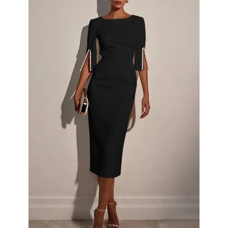 Women's Round Neck Pearl Split 3/4 Sleeve Bodycon Midi Dress Elegant Solid Color Formal Party Dress