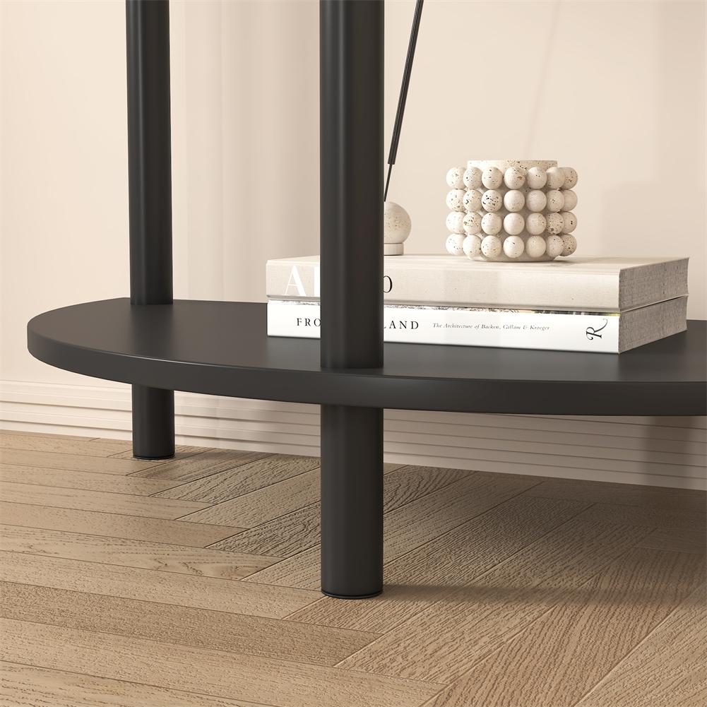 US Half-Moon Rattan Console Table Wood Accent Tables With 2 Rattan Storage Drawers And Bottom Shelf For Living Room Hallway