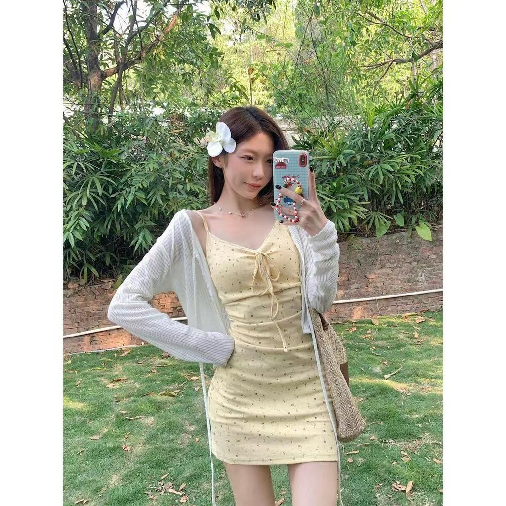 Elegant Yellow Strappy Dress & Cardigan Set - Women’s Slimming, Padded Waist-Cinched French Style