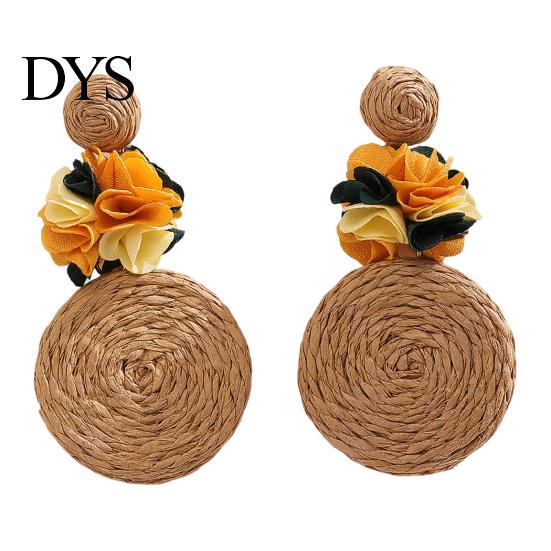 Handmade Boho Jewelry 1 Pair Raffia Flower Earrings for Women, Rattan Lightweight Woven Round Drop Dangle Earrings, Straw Summer Beach Vacation