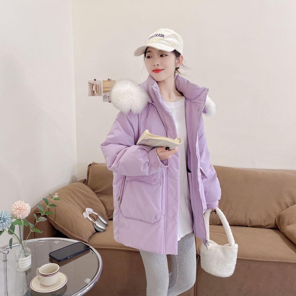 Women's Winter Autumn Hooded Fur Collar White Duck Down Jacket Coat Loose Solid Color Big Pocket Thicken Down Coat