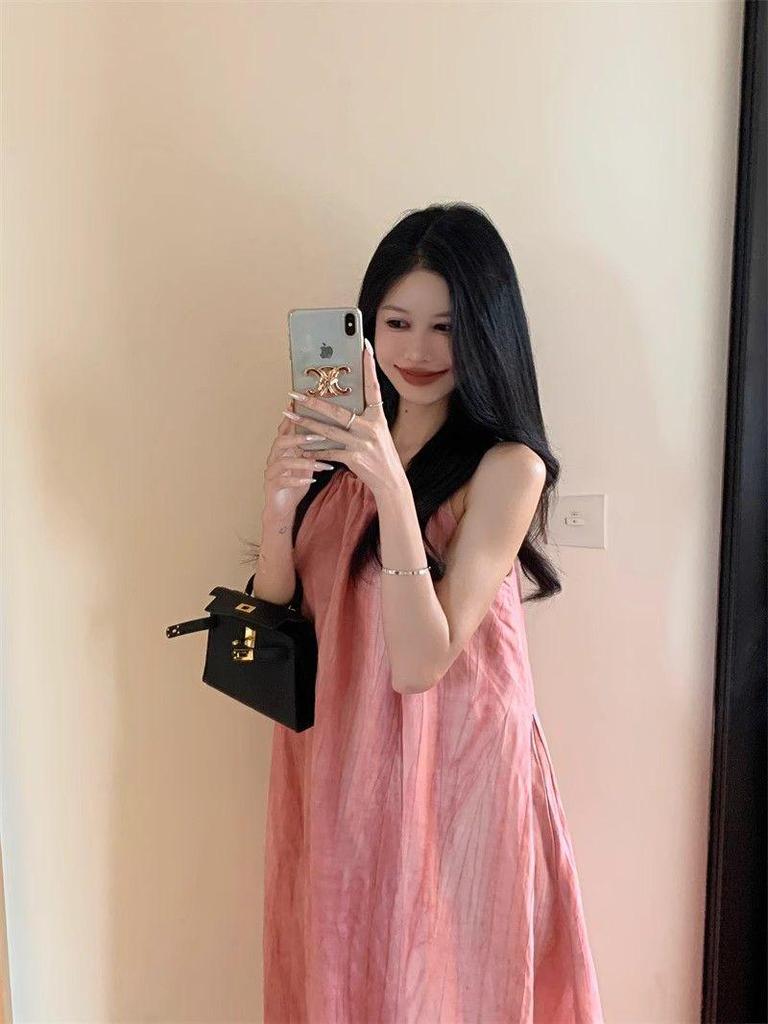 Pink Women's Halter Neck Suspender Long Skirt - Summer Beach Vacation Dress