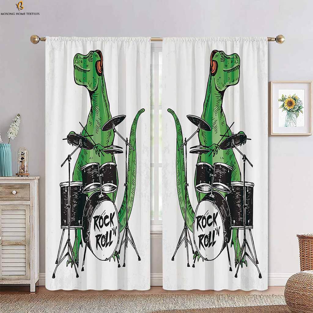 Set Of 2 Cute Cartoon Animal Dinosaur Print Curtains Bedroom Living Room Kitchen Kids Decorative Curtain With Rod Pocket Polyester Perfect For Sitting