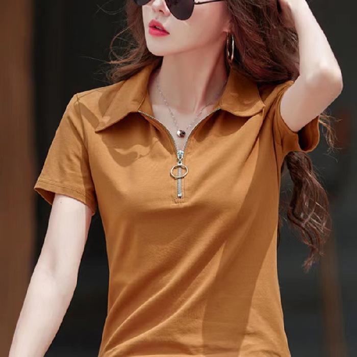Women's Fashion Casual Summer Spring Solid Color Print Short Sleeve POLO Neck Blouses & Shirts