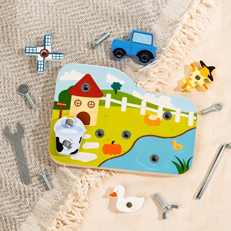 Wooden Farm Transportation Screw Toy, 3D Puzzle Metal Screw Tool, Color and Shape Recognition, Hand Eye Coordination Training,Educational Teaching Toy