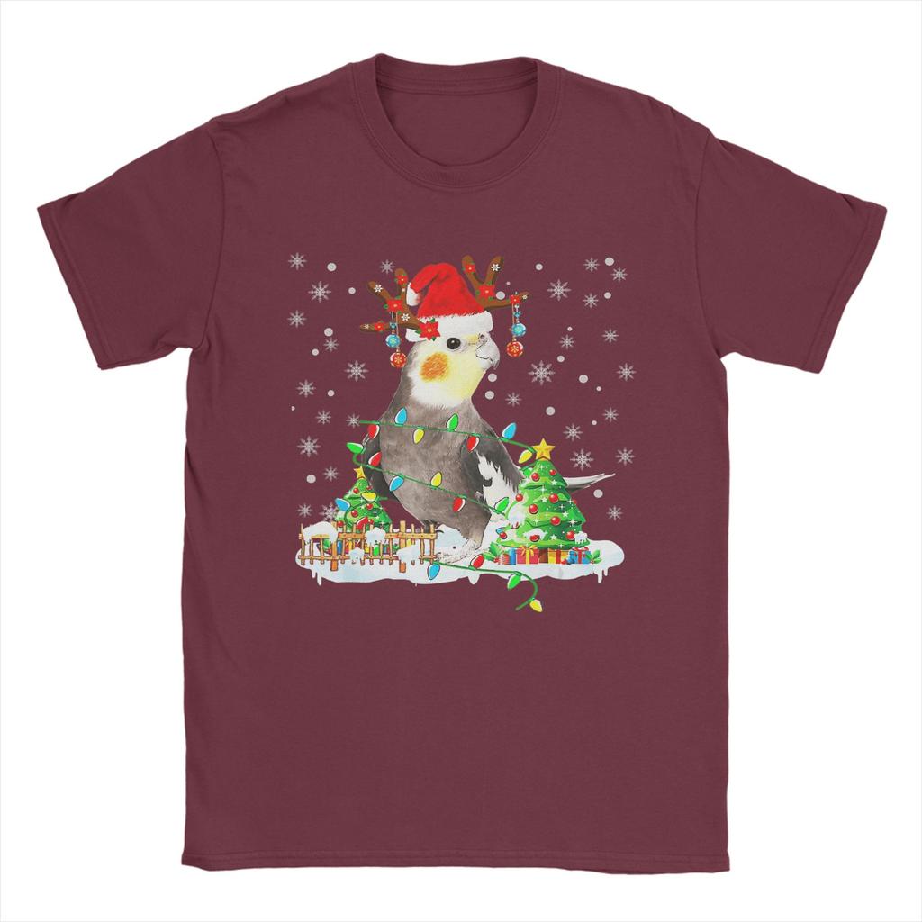 Men T Shirt Christmas Cockatiel Lover Santa Cockatiel Christmas Lights T-Shirts Novelty  Summer Tees Streetwear 100% Cotton Tops