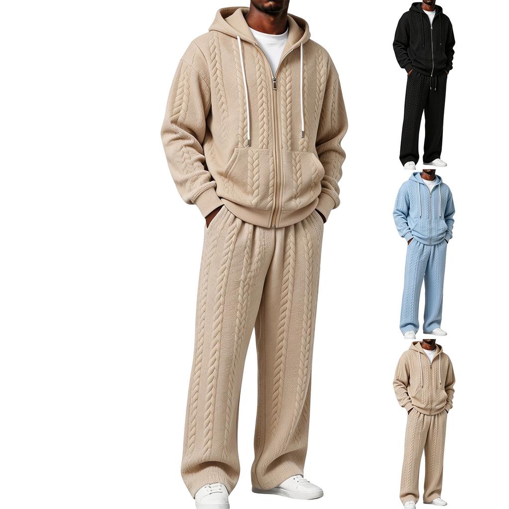 Men's Color Two Piece Hooded Zip Up Set, Casual Loose Fit Outfit