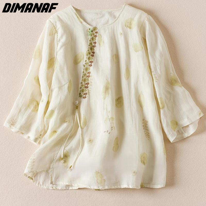 

DIMANAF 2023 Plus Size Новая Летняя Блузка Винтажный Ретро Жидкостные Системы Чистый Цвет Дерево Четверть Рукава Футболка Рубашка Femme Casual Женская Свободная Рубашка