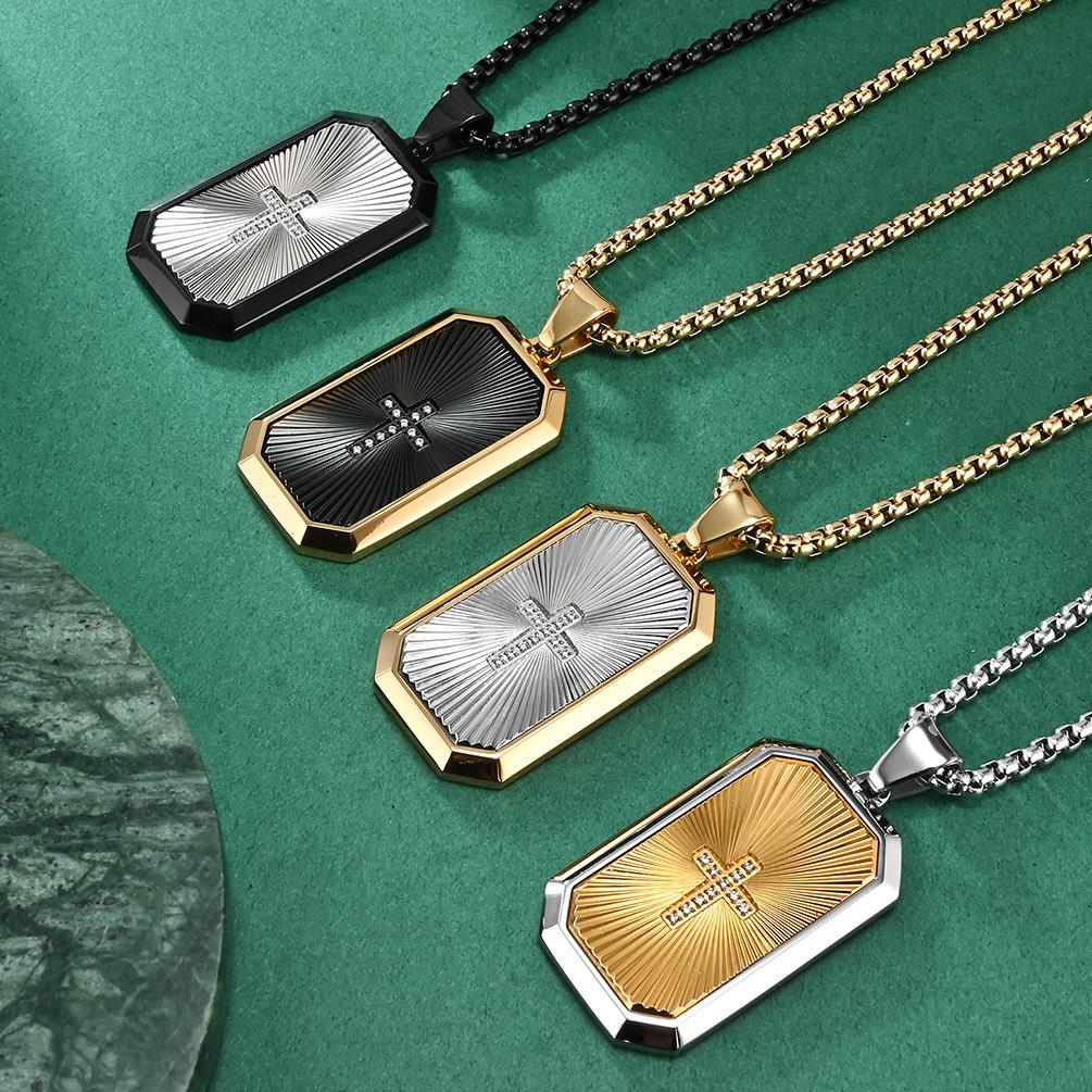 Octagonal Cut Folding Fan Texture Two-color Electroplated Hanging Necklace Pendant Titanium Steel Trendy Male Domineering Hip-hop Fashion Jewelry