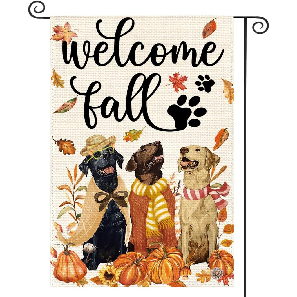Welcome Fall Dog Garden Flag Double Sided Outside, Leaves Pumpkin Seasonal Thanksgiving Rustic Yard Outdoor Decorative Flag