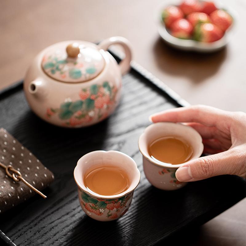 Ru Kiln Lifting Beam Pot Strawberry Rabbit Teapot Set Xishi Pot Household Ceramic Kung Fu Tea Set Open Piece Can Be Kept