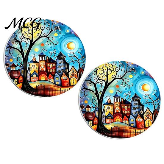 Easy Clean Car Coasters 2PCS Coasters, Oil Painting Print, Decorative Non-Slip Thermal Pads, Stain-Resistant Modern Accessory Gift to Cup Holders, for