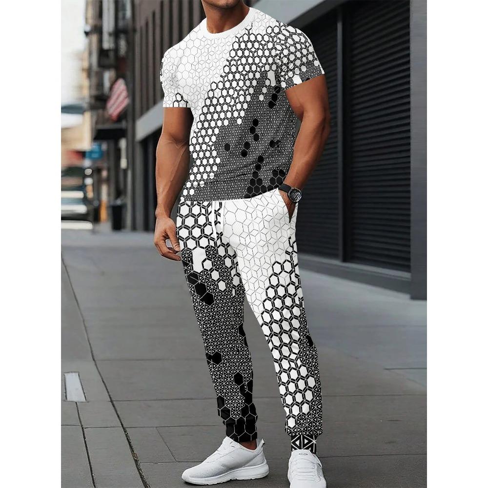 Summer New Men's Short-Sleeved Long Pants Set with 3D Pattern Printing for Street Casual Fashion Soft and Comfortable