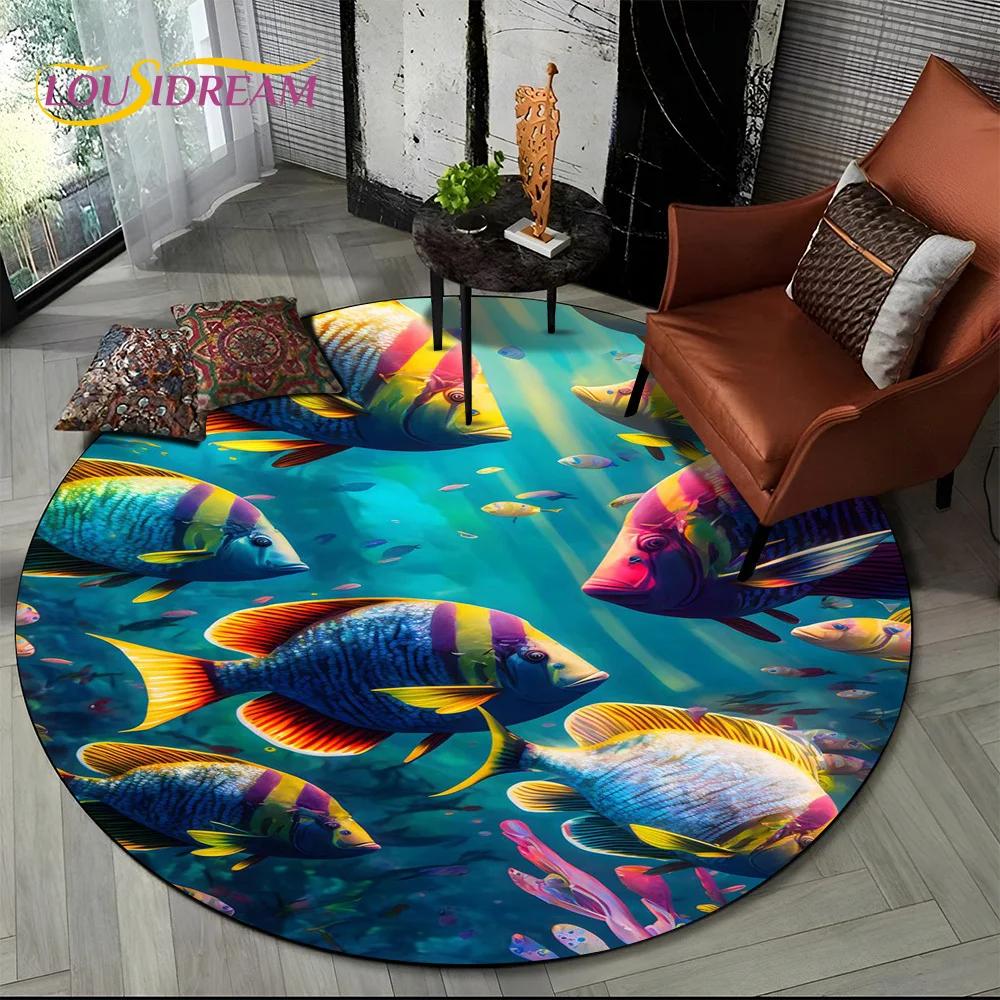 Underwater World Dream Seabed Fish Cartoon Round Carpet Rug for Living Room Bedroom Kids Decor,Pet Area Rug Non-slip Floor Mat