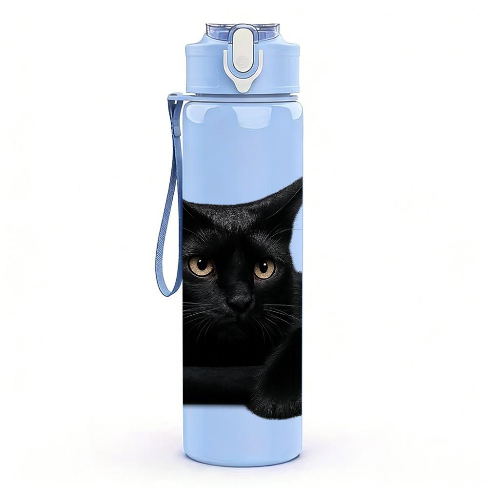 1PC Elegant Black Cat Resting 750ml Color Plastic Sports Water Bottle Leakproof Flip Straw Lid Suitable for Sports Office Home Use