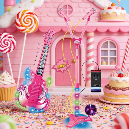 Kids Guitar Microphone Play Set Girls Pink Guitar Karaoke Machine with LED Light Music Toddlers Educational Singing Mic Musical Instrument Toy