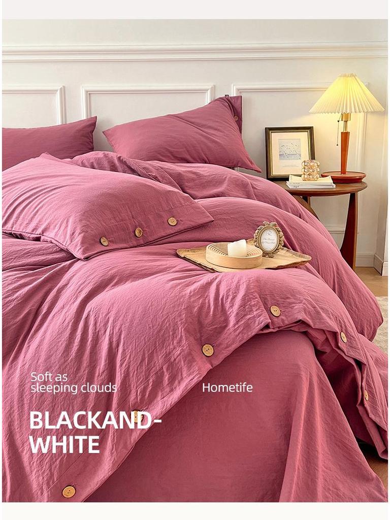 MUJI-Style Four-Piece Flannel & Washed Cotton Bedding Set with Buttoned Duvet Cover