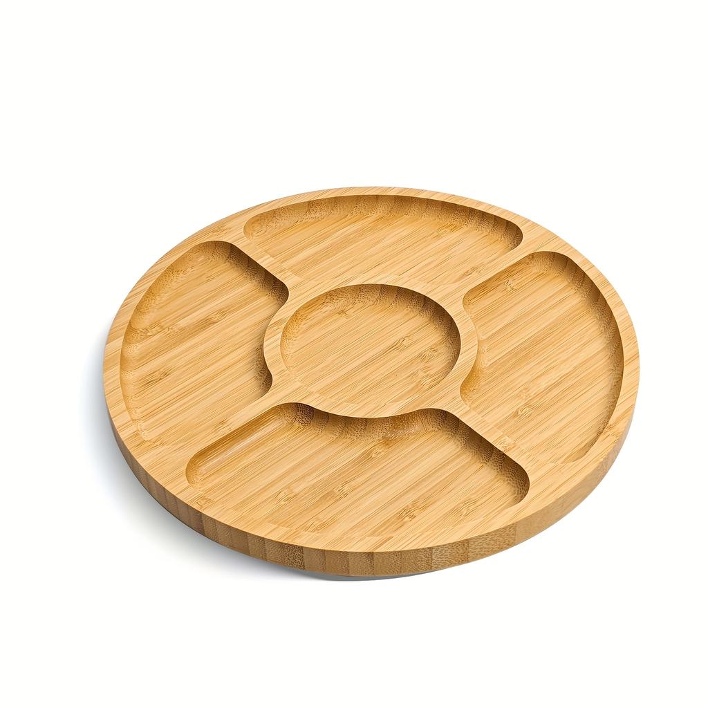 Bamboo Snack Tray with Dividers 5 Compartment Serving Plate for Fruit, Candy, Party