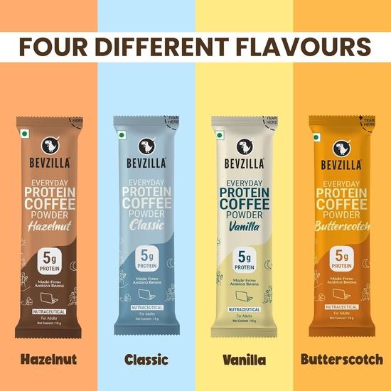 Bevzilla Everyday Protein Instant Coffee Powder Sachets |160 GM(16x10g)| 5g Protein Each | Arabica Coffee | No Added Sugar