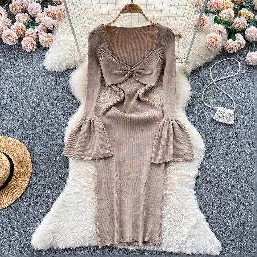 Sexy Bodycon V Neck Flare Pletené šaty s dlouhým rukávem Elegantní Elegantní Vestidos Podzimní Ženy Módní Hip zavinovací šaty