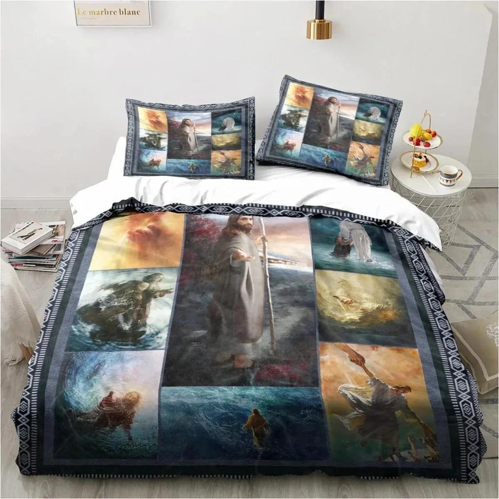 Set di biancheria da letto religiosa cristiana con scritta Jesus Christ Church Mary, copripiumino, set di copripiumino, federa, trapunta king size queen size
