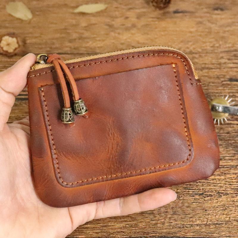 Vintage Vegetable Tanned Leather Coin Purse for Women's Adult Small Wallet, Handmade Old, Color Wiped, Niche Mini Coin Card Bag