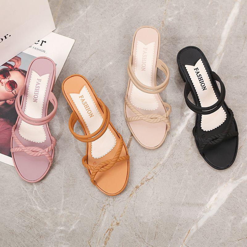 Middle Heel Cross Strap Slippers Female Outer Wear Non-slip Two Wear Sandals Sexy Thick Heel Slippers